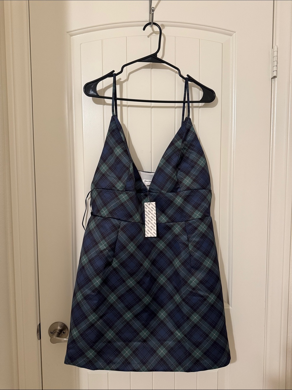 Urban Outfitters Navy and Green Plaid Spaghetti Strap Mini Dress